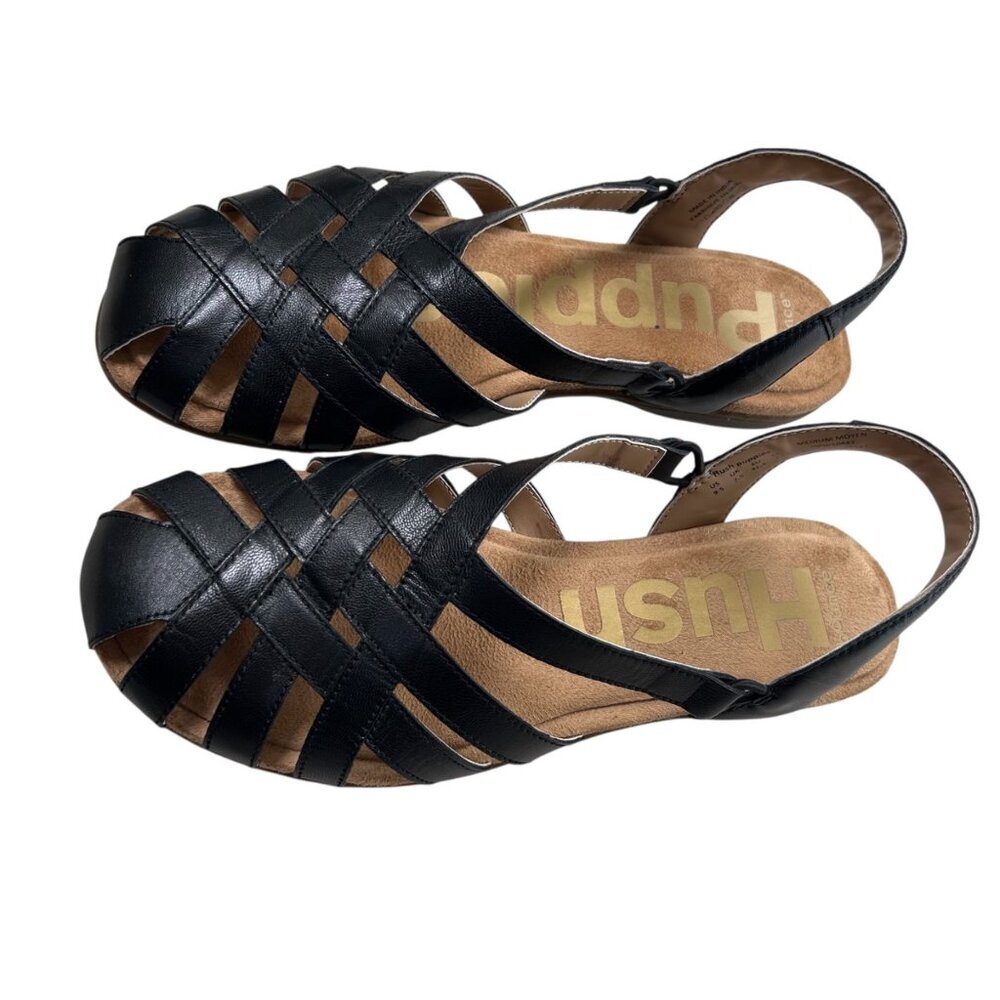 Hushpuppies Ridley Fisherman Leather Sandal 9.5 Women Cushioned Black Woven